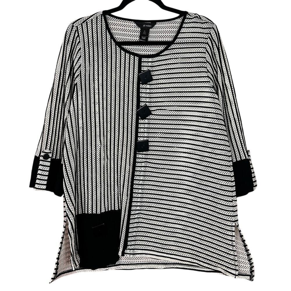 Ali Miles Black & White Blouse Size Medium M Art to Wear Lagenlook Mesh